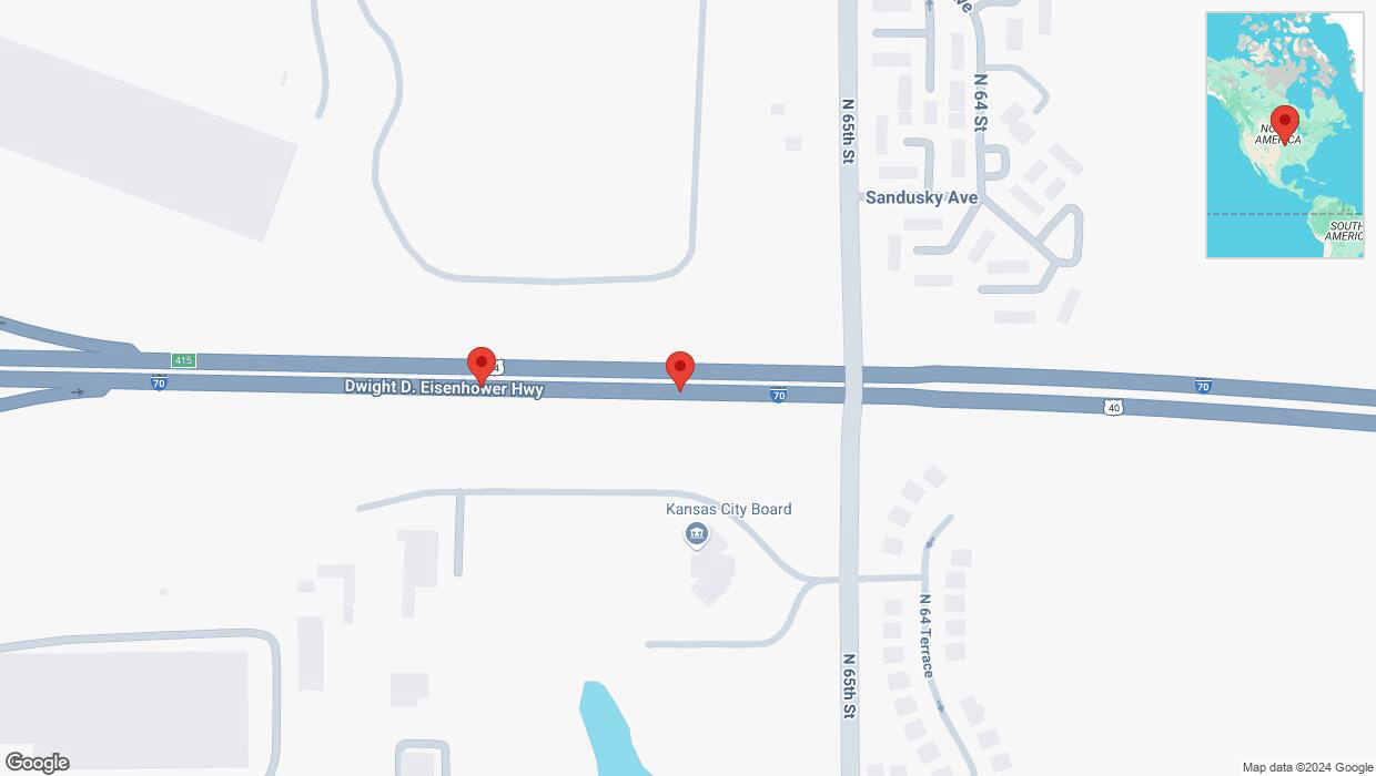 A detailed map that shows the affected road due to 'Broken down vehicle on eastbound I-70 in Kansas City' on December 4th at 11:08 p.m.