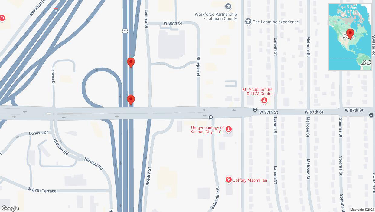 A detailed map that shows the affected road due to 'Broken down vehicle on northbound US-69 in Lenexa' on December 5th at 11:53 a.m.