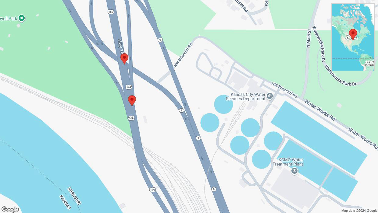 A detailed map that shows the affected road due to 'Broken down vehicle on northbound US-169 in Kansas City' on December 5th at 11:53 a.m.