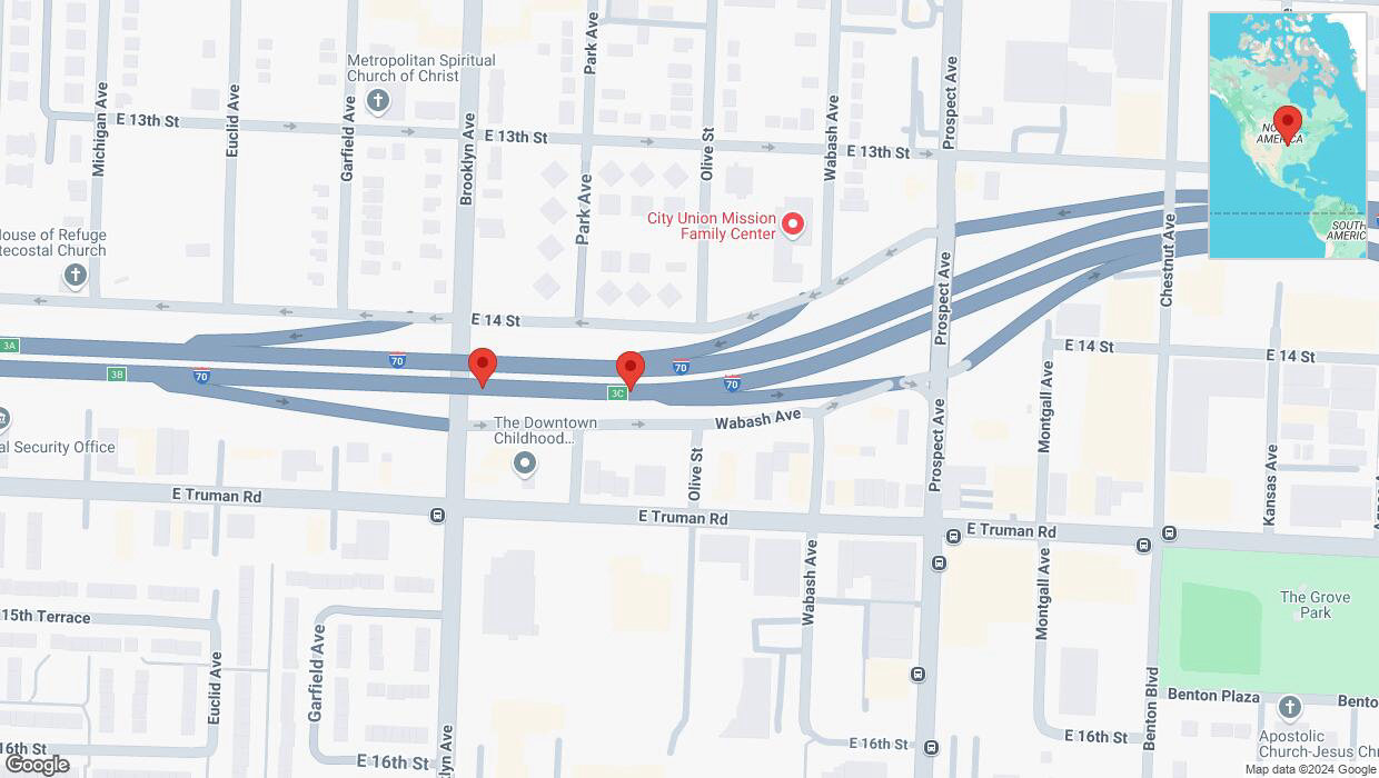 A detailed map that shows the affected road due to 'Broken down vehicle on eastbound I-70 in Kansas City' on December 7th at 3:40 p.m.