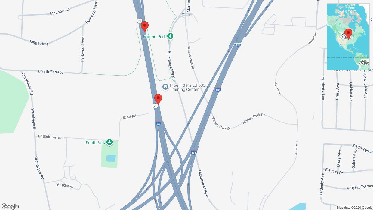 A detailed map that shows the affected road due to 'Broken down vehicle on northbound I-40/US-71 in Kansas City' on December 7th at 5:52 p.m.