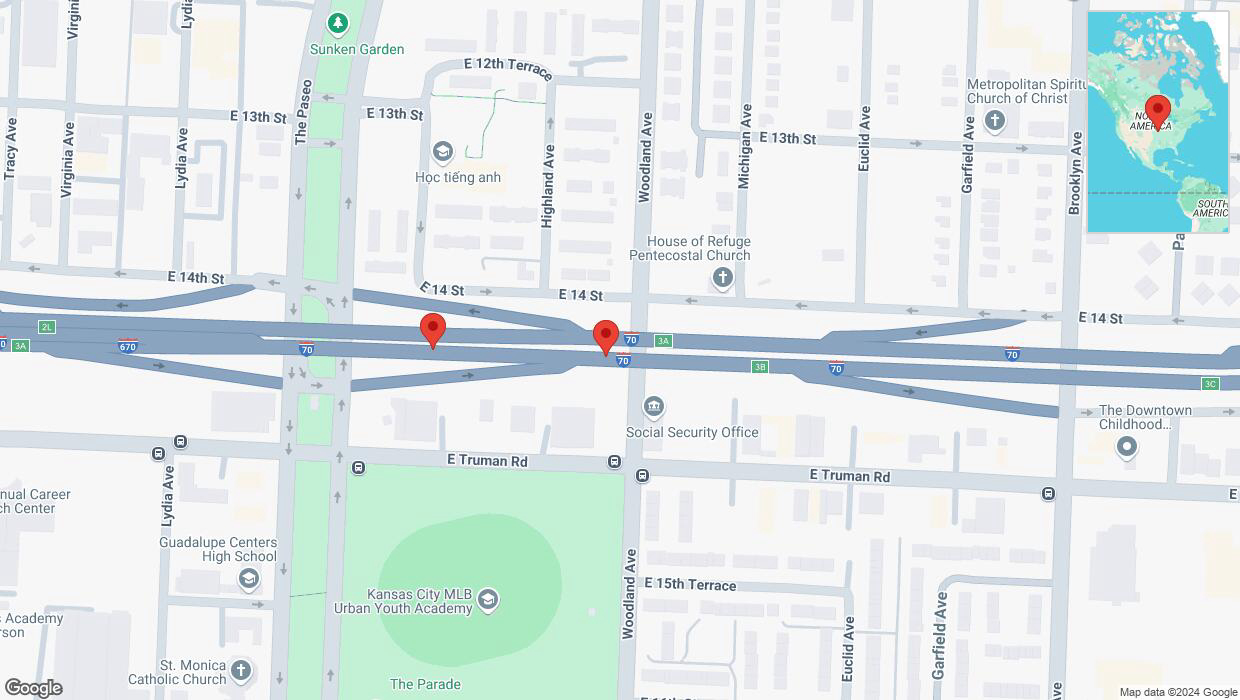 A detailed map that shows the affected road due to 'Broken down vehicle on eastbound I-70 in Kansas City' on December 7th at 6:34 p.m.