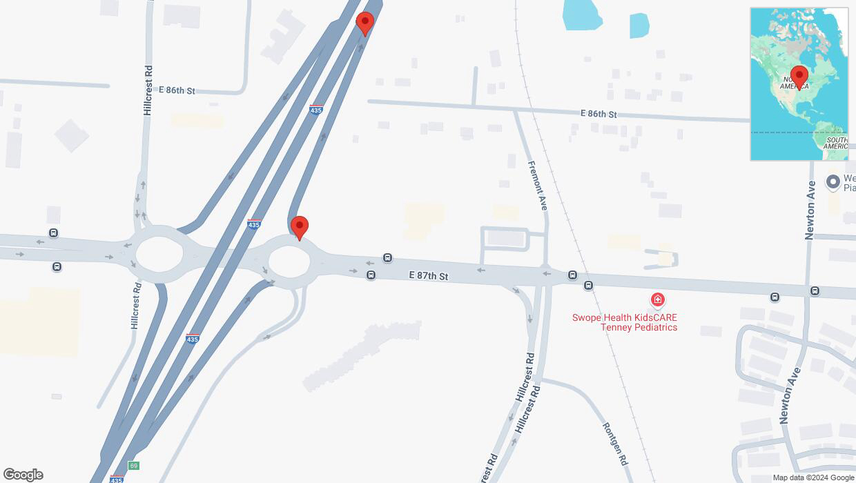 A detailed map that shows the affected road due to 'Broken down vehicle on Hillcrest Road in Kansas City' on December 7th at 9:55 p.m.
