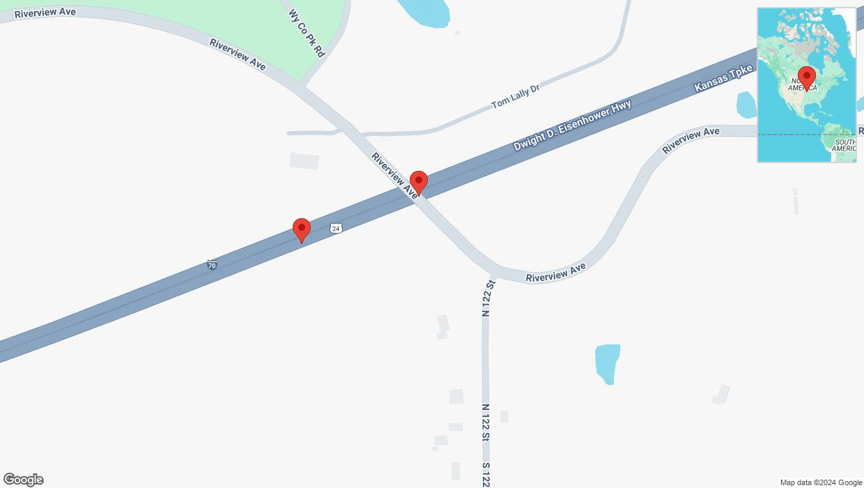 A detailed map that shows the affected road due to 'Broken down vehicle on eastbound I-70 in Bonner Springs' on December 8th at 3:27 p.m.
