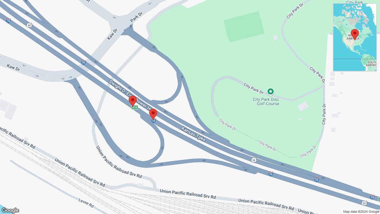 A detailed map that shows the affected road due to 'Crash reported on eastbound I-70 in Kansas City' on December 8th at 8:40 p.m.