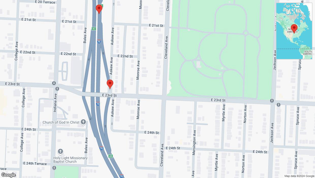 A detailed map that shows the affected road due to 'Broken down vehicle on Askew Avenue in Kansas City' on December 9th at 1:39 p.m.