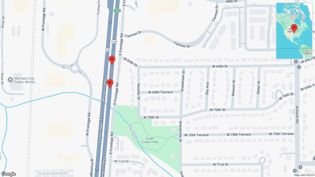 A detailed map that shows the affected road due to 'Broken down vehicle on eastbound I-35 in Overland Park' on December 9th at 7:09 p.m.