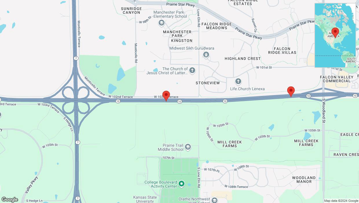 A detailed map that shows the affected road due to 'Warning: Crash on eastbound K-10 in Lenexa' on December 10th at 9:17 a.m.