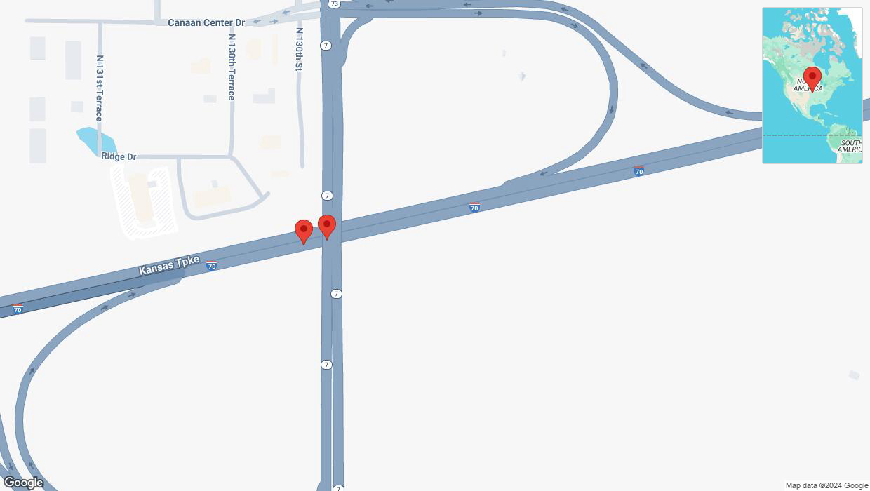 A detailed map that shows the affected road due to 'Broken down vehicle on eastbound I-70 in Bonner Springs' on December 10th at 6:50 p.m.