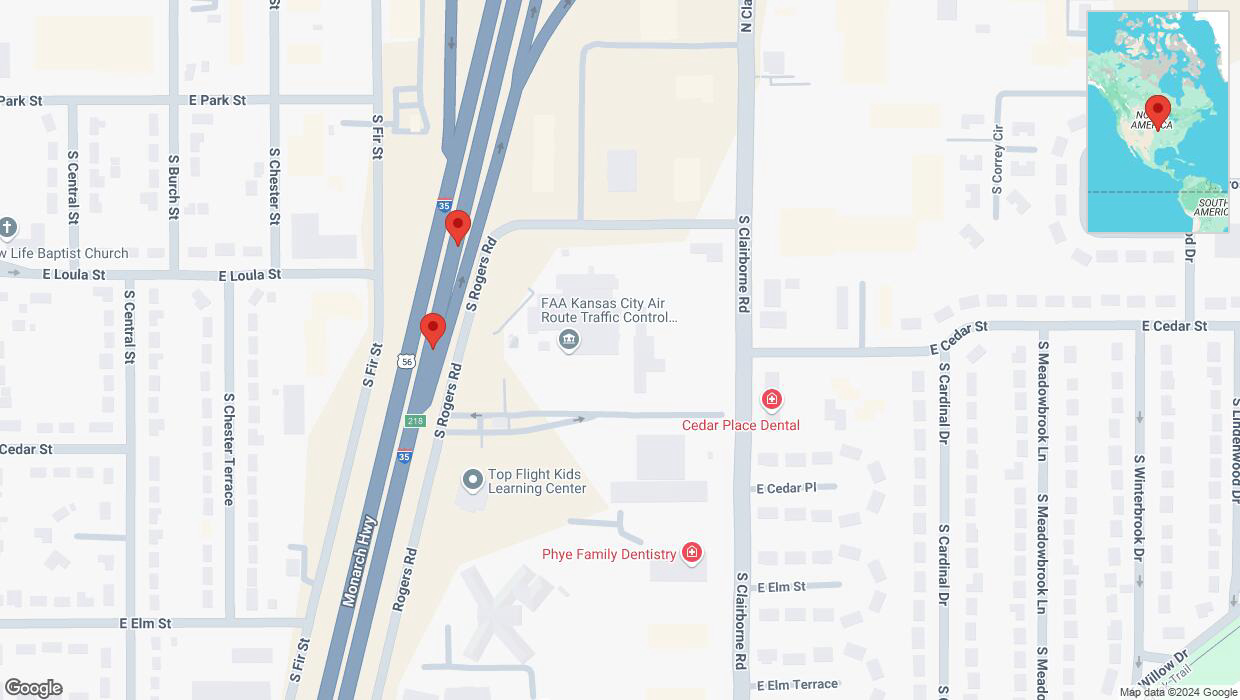 A detailed map that shows the affected road due to 'Broken down vehicle on eastbound I-35 in Olathe' on December 11th at 4:02 p.m.