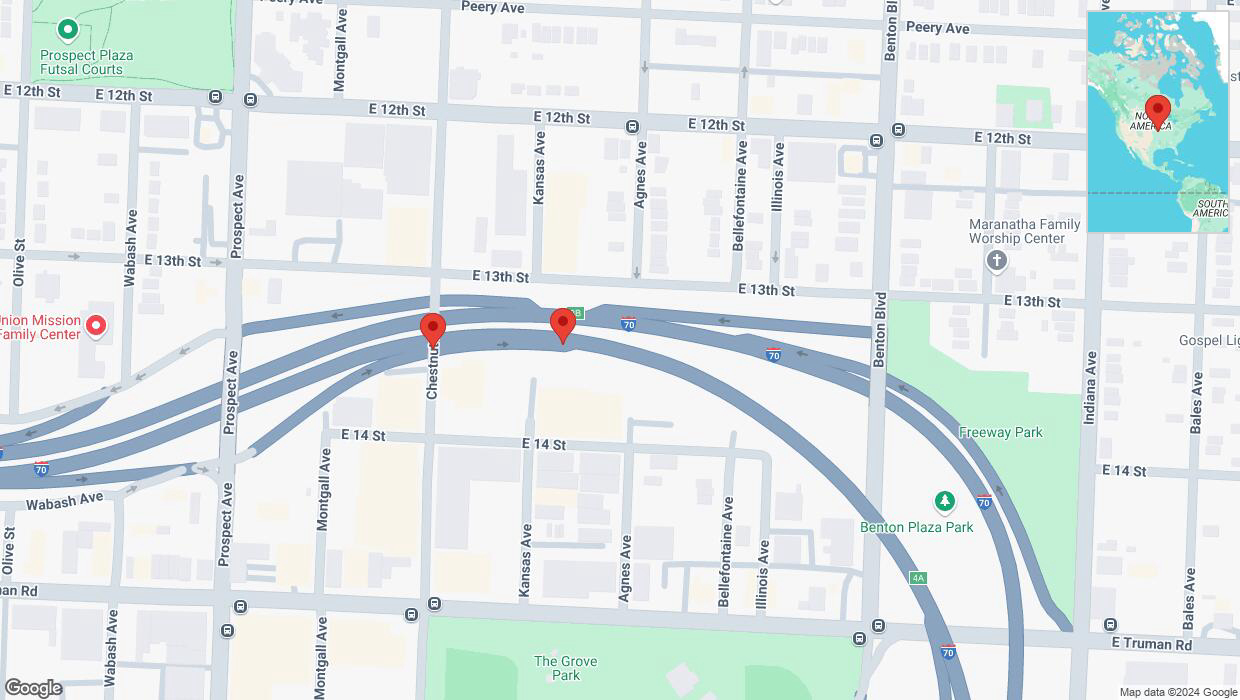 A detailed map that shows the affected road due to 'Broken down vehicle on East 14th Street in Kansas City' on December 12th at 6:18 p.m.