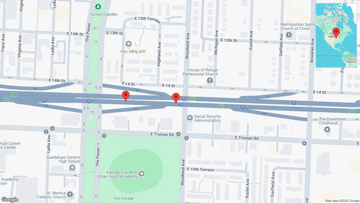 A detailed map that shows the affected road due to 'Broken down vehicle on eastbound I-70 in Kansas City' on December 12th at 6:12 p.m.