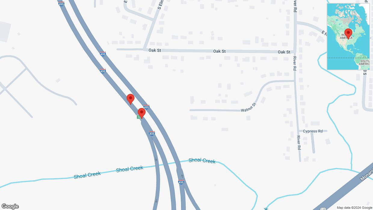 A detailed map that shows the affected road due to 'Broken down vehicle on southbound I-435 in Pleasant Valley' on December 12th at 11:23 p.m.