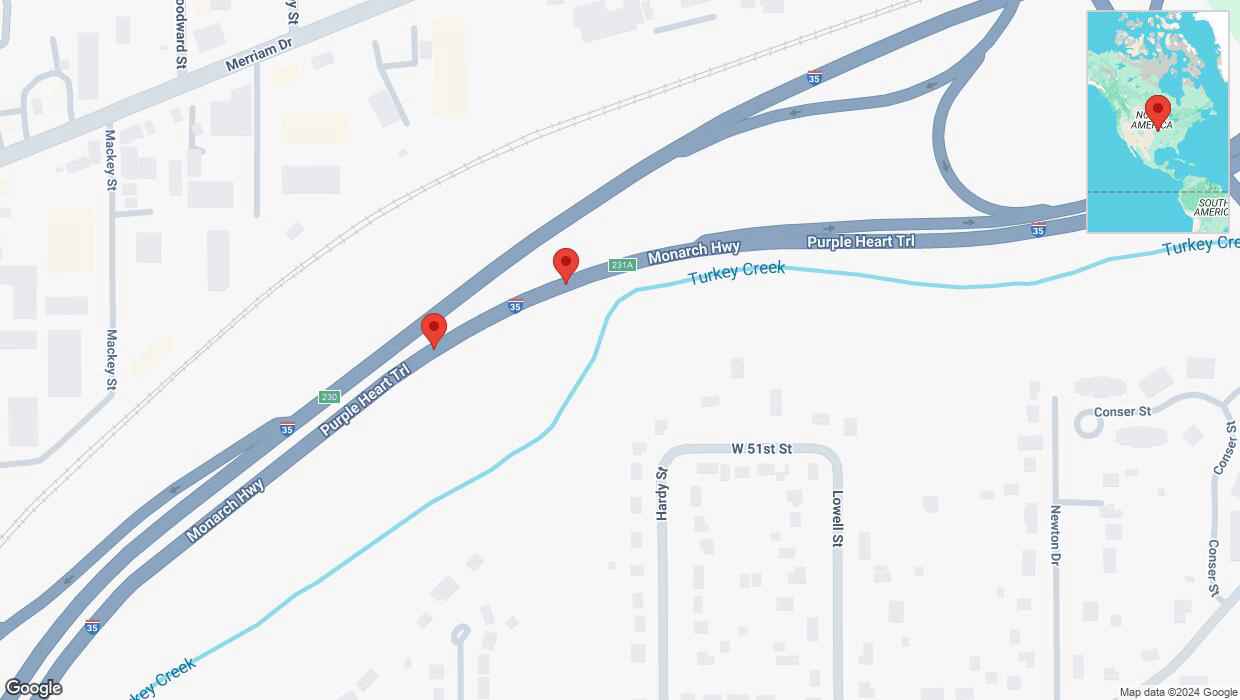 A detailed map that shows the affected road due to 'Warning: Crash on northbound I-35 in Overland Park' on December 12th at 7:30 p.m.