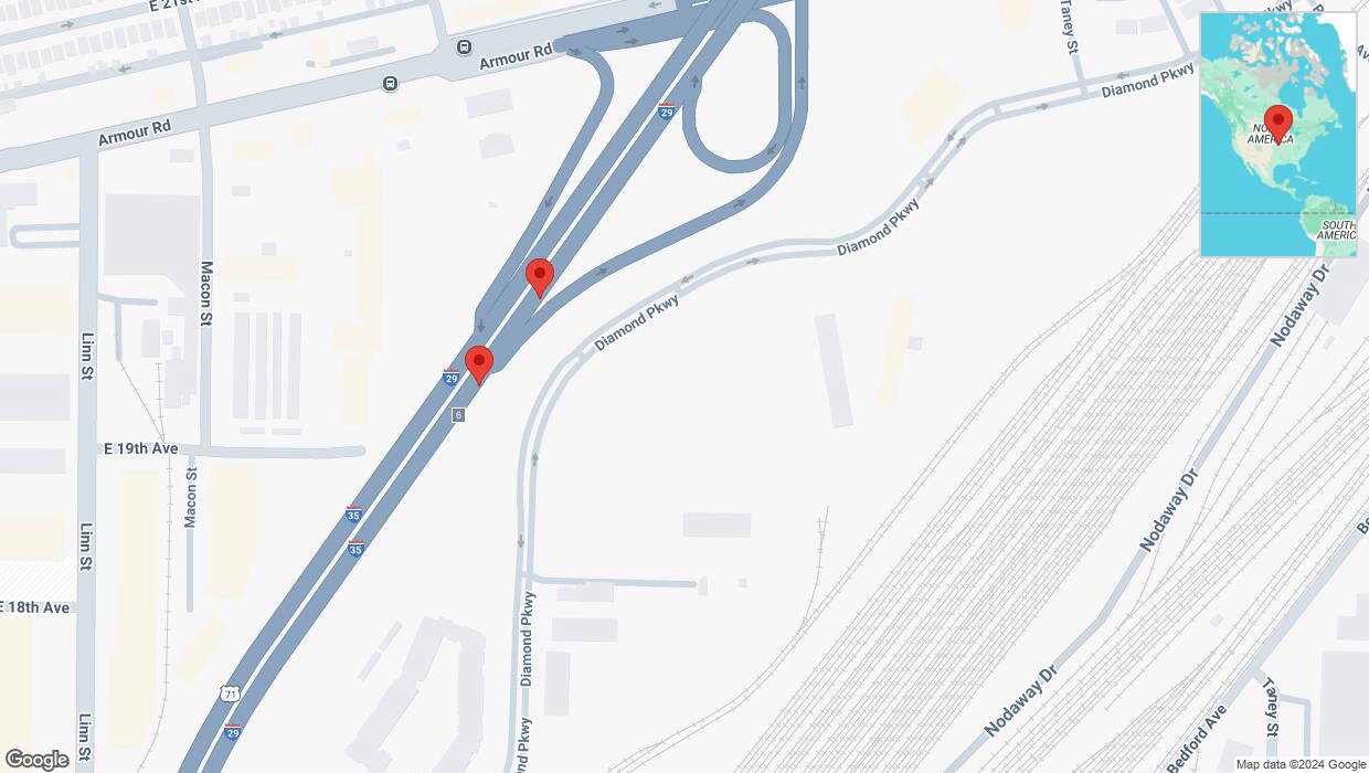 A detailed map that shows the affected road due to 'Broken down vehicle on northbound I-29/I-35 in North Kansas City' on December 12th at 9:30 p.m.