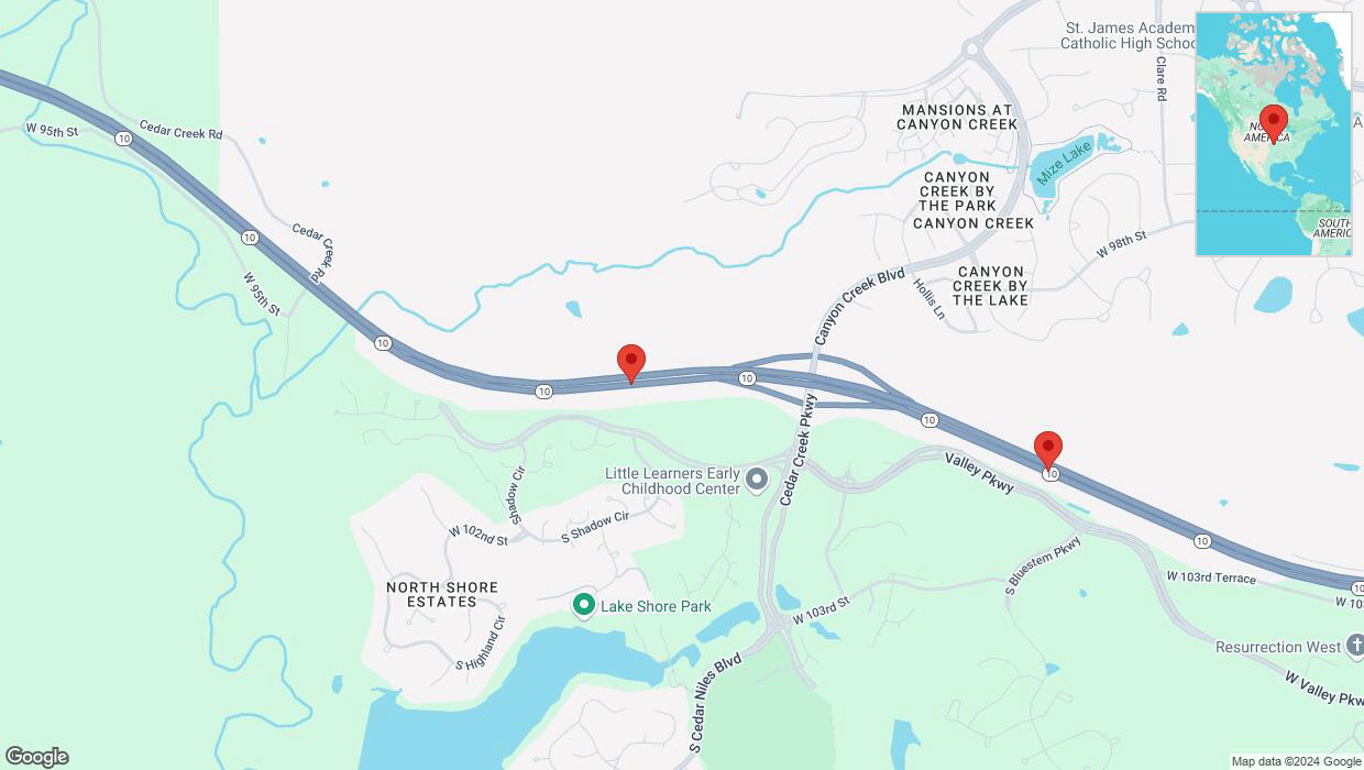 A detailed map that shows the affected road due to 'Crash reported on eastbound K-10 in Lenexa' on December 13th at 5:47 p.m.