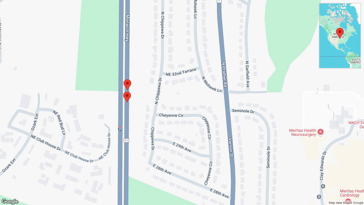 A detailed map that shows the affected road due to 'Broken down vehicle on northbound I-29/I-35 in North Kansas City' on December 13th at 9:50 p.m.
