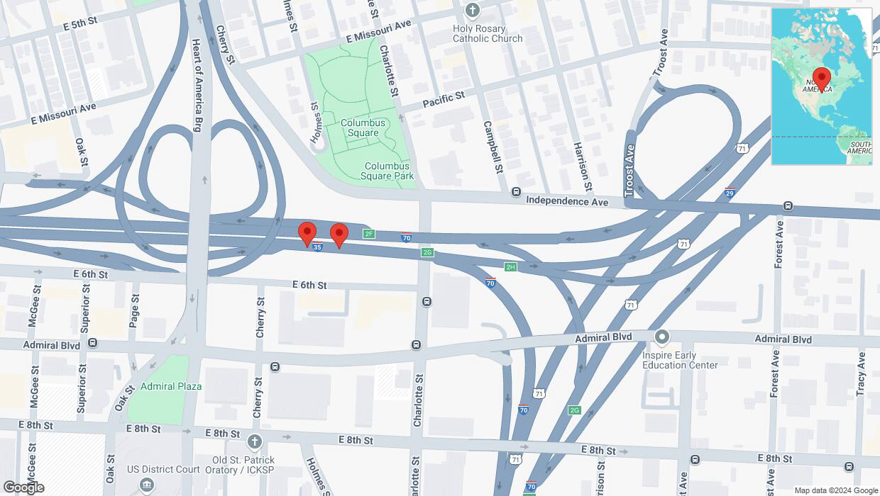 A detailed map that shows the affected road due to 'Broken down vehicle on eastbound I-70/I-35 in Kansas City' on December 13th at 10:08 p.m.