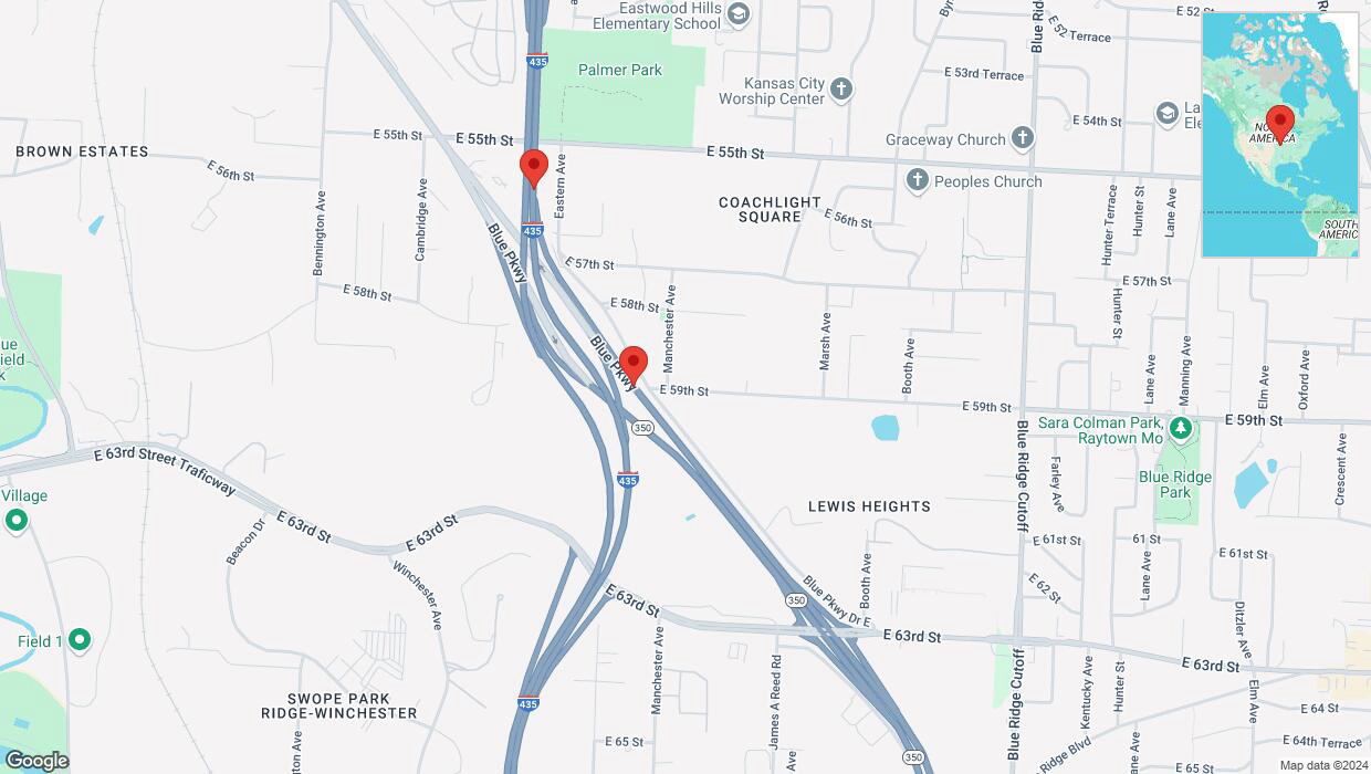 A detailed map that shows the affected road due to 'Broken down vehicle on Manchester Avenue in Kansas City' on December 14th at 9:32 p.m.