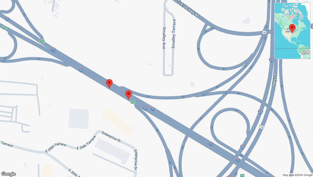 A detailed map that shows the affected road due to 'Broken down vehicle on eastbound I-70 in Kansas City' on December 14th at 6:25 p.m.