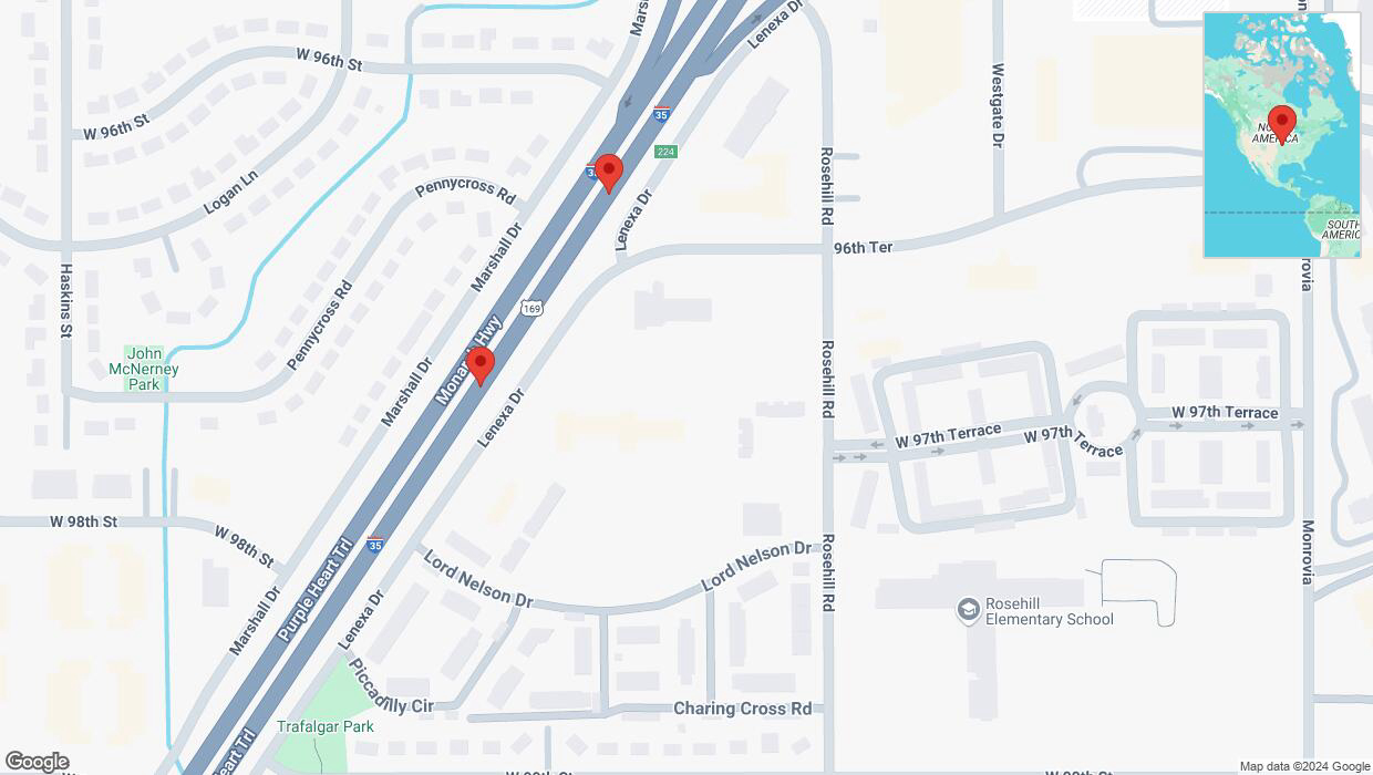 A detailed map that shows the affected road due to 'Broken down vehicle on eastbound I-35 in Lenexa' on December 15th at 1:09 p.m.