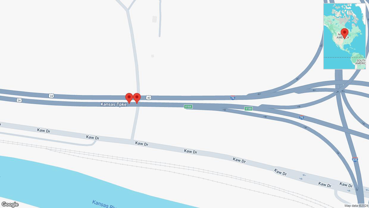 A detailed map that shows the affected road due to 'Broken down vehicle on eastbound I-70 in Kansas City' on December 15th at 8:49 p.m.