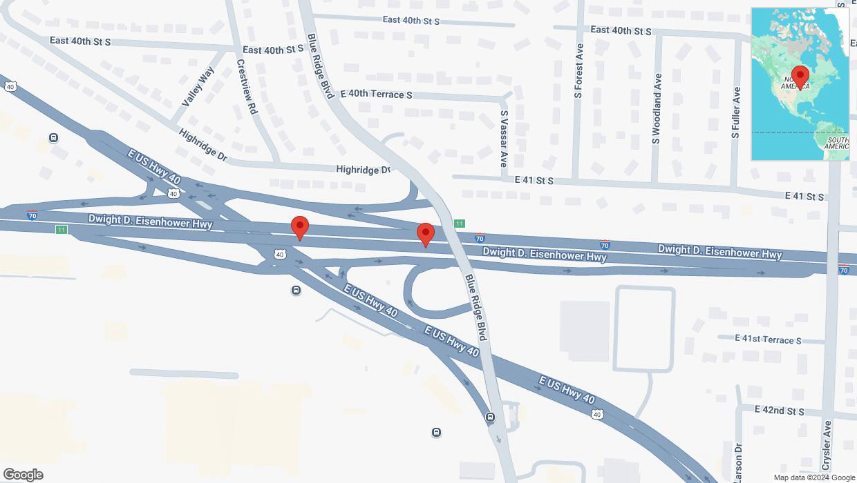 A detailed map that shows the affected road due to 'Broken down vehicle on eastbound I-70 in Independence' on December 15th at 11:18 p.m.