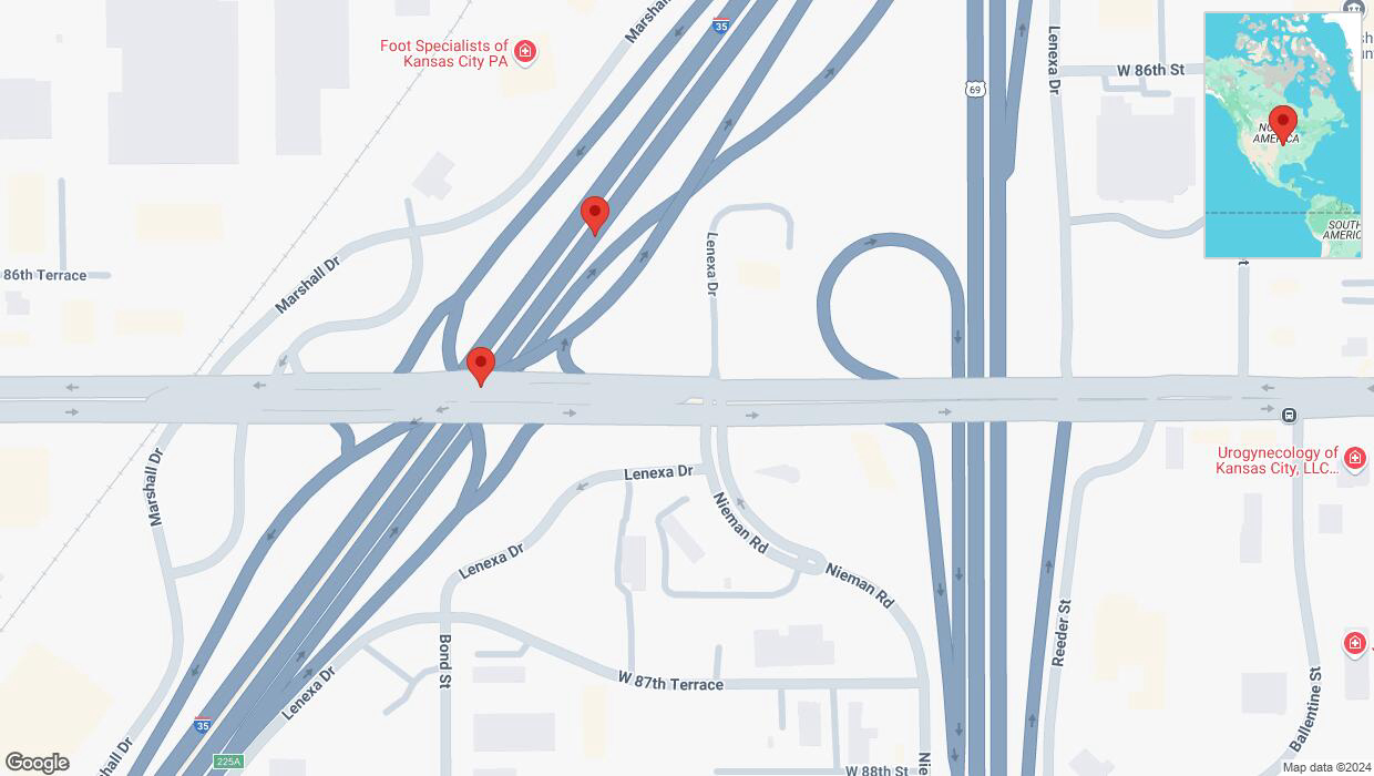 A detailed map that shows the affected road due to 'Broken down vehicle on eastbound I-35 in Overland Park' on December 17th at 12:08 p.m.