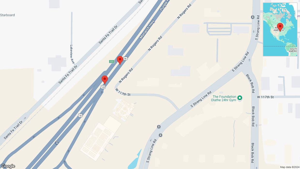 A detailed map that shows the affected road due to 'Broken down vehicle on eastbound I-35 in Olathe' on December 17th at 2:02 p.m.