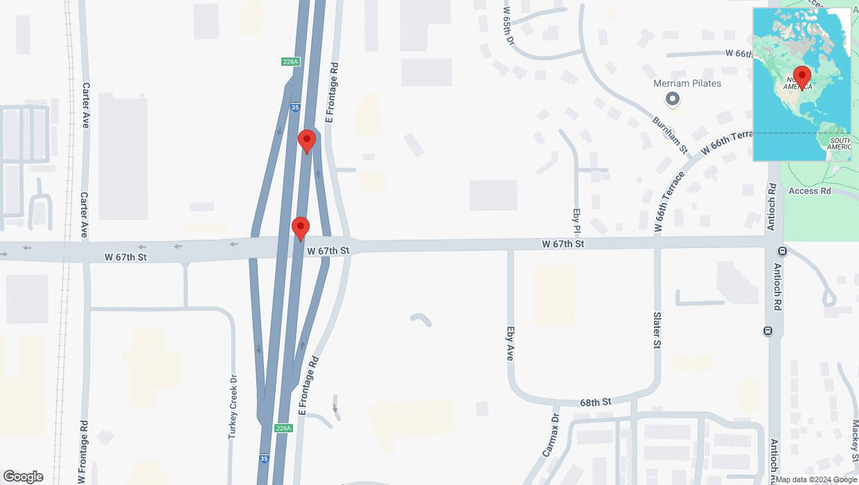 A detailed map that shows the affected road due to 'Broken down vehicle on eastbound I-35 in Merriam' on December 17th at 3:44 p.m.