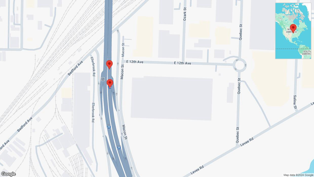 A detailed map that shows the affected road due to 'Broken down vehicle on northbound I-29/I-35 in North Kansas City' on December 17th at 5:08 p.m.