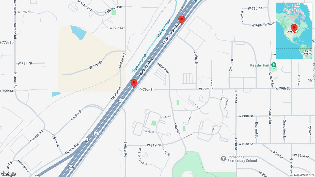 A detailed map that shows the affected road due to 'Warning in Overland Park: Crash reported on East Frontage Road' on December 17th at 6:44 p.m.