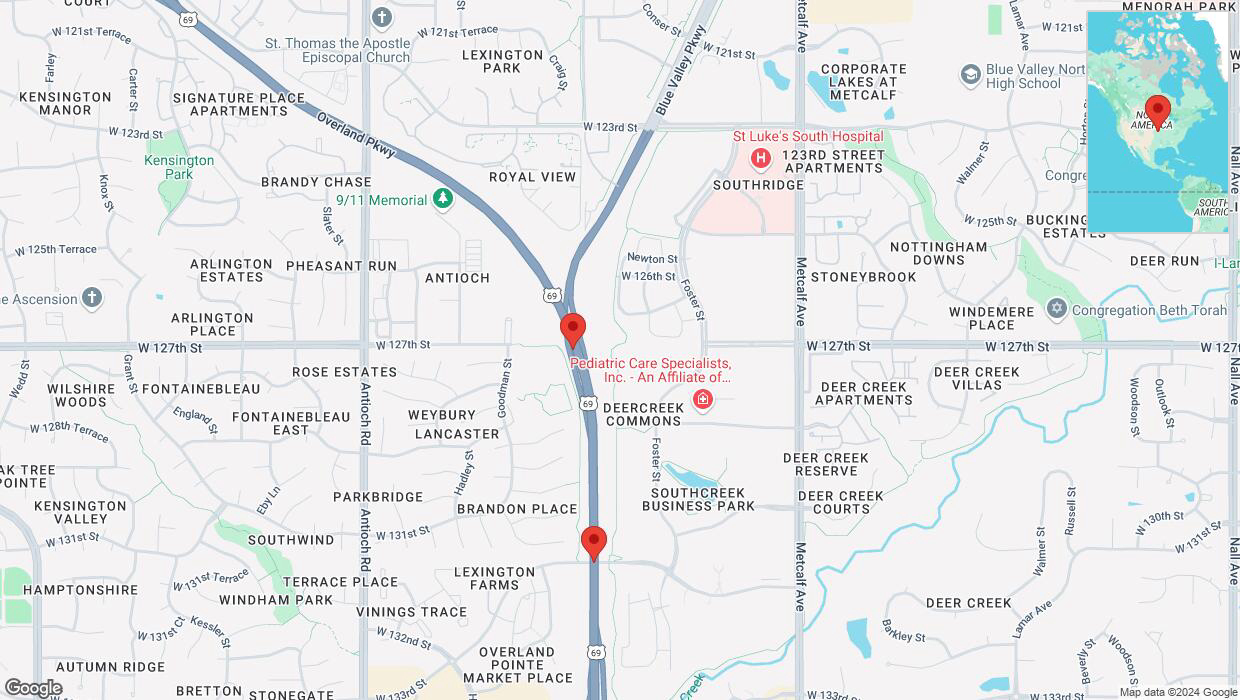 A detailed map that shows the affected road due to 'Lane on US-69 closed in Overland Park' on December 22nd at 7:05 p.m.