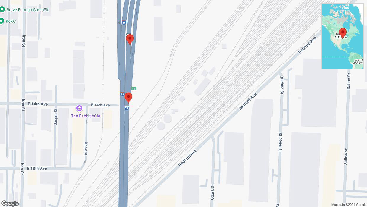 A detailed map that shows the affected road due to 'Broken down vehicle on northbound I-29/I-35 in North Kansas City' on December 18th at 10:50 p.m.