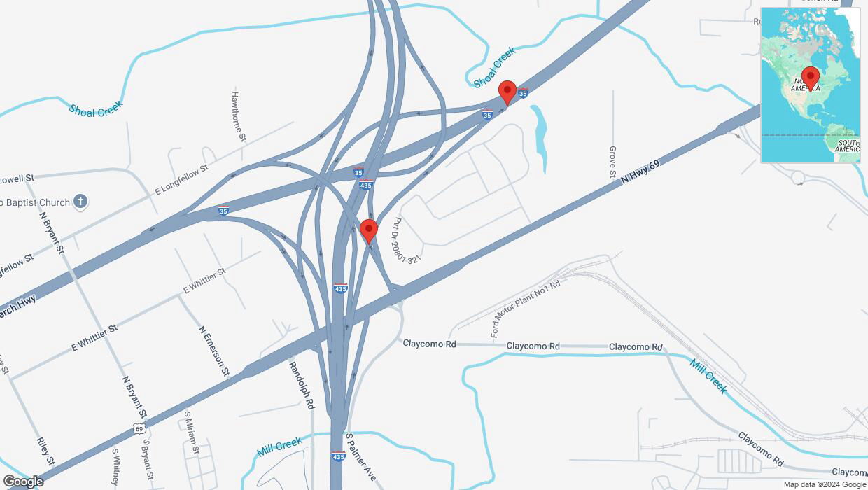 A detailed map that shows the affected road due to 'Broken down vehicle on Interstate 435 in Claycomo' on December 18th at 3:26 p.m.