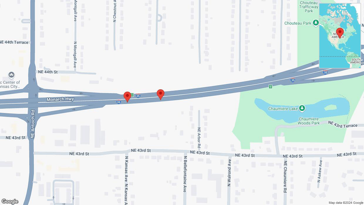 A detailed map that shows the affected road due to 'Broken down vehicle on northbound I-35 in Kansas City' on December 18th at 5:14 p.m.