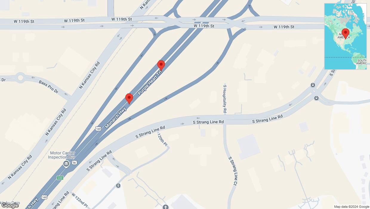 A detailed map that shows the affected road due to 'Broken down vehicle on eastbound I-35 in Olathe' on December 19th at 6:13 p.m.