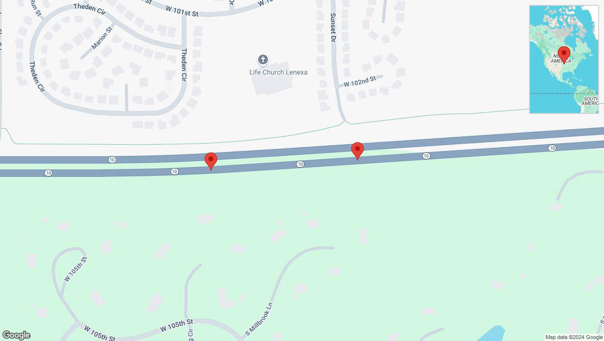 A detailed map that shows the affected road due to 'Broken down vehicle on eastbound K-10 in Olathe' on December 19th at 11:55 a.m.