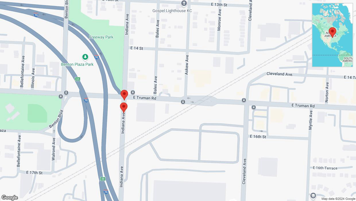 A detailed map that shows the affected road due to 'East Truman Road closed in Kansas City' on December 19th at 7:13 p.m.