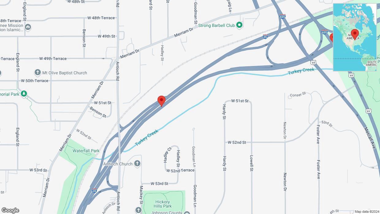 A detailed map that shows the affected road due to 'Crash reported on northbound I-35 in Overland Park' on December 20th at 1:17 p.m.