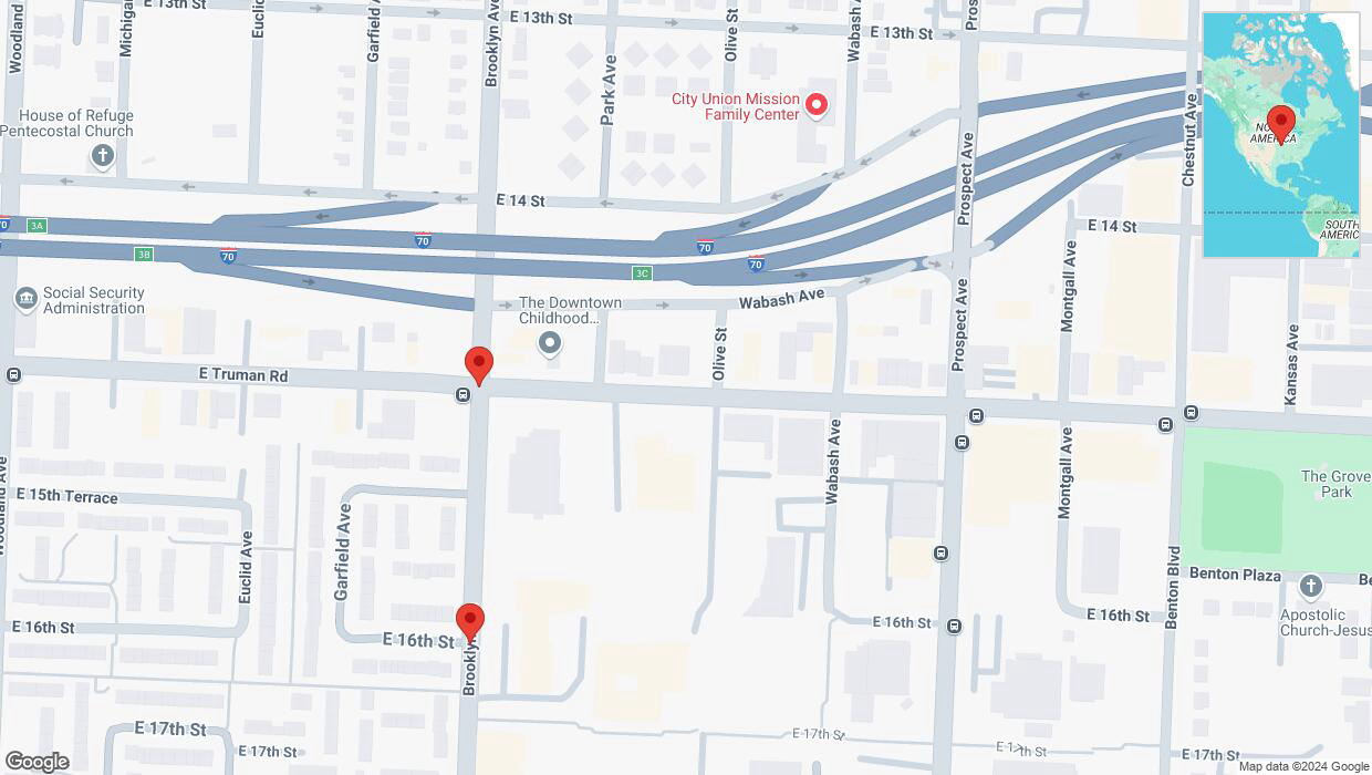 A detailed map that shows the affected road due to 'East Truman Road closed in Kansas City' on December 31st at 10:57 p.m.