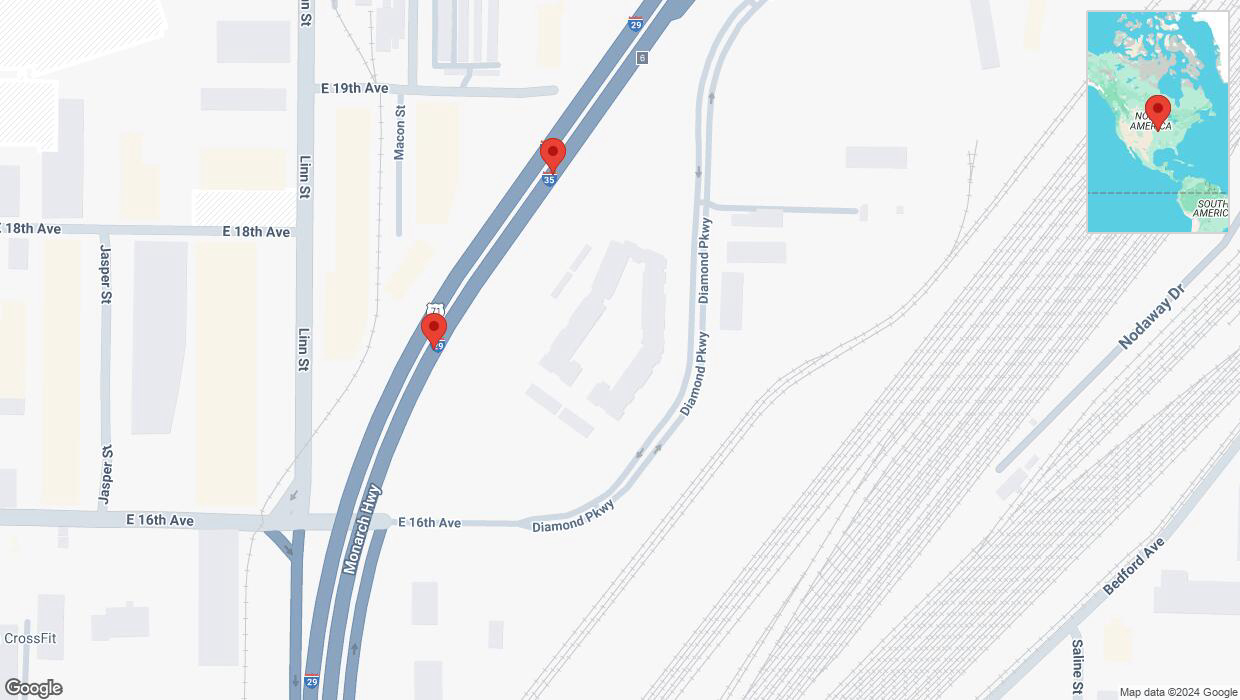 A detailed map that shows the affected road due to 'Broken down vehicle on northbound I-29/I-35 in North Kansas City' on December 20th at 8:14 p.m.