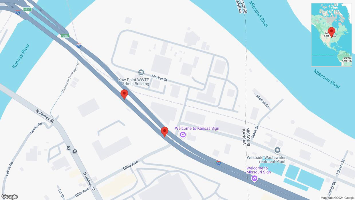 A detailed map that shows the affected road due to 'Broken down vehicle on eastbound I-70 in Kansas City' on December 21st at 1:08 p.m.
