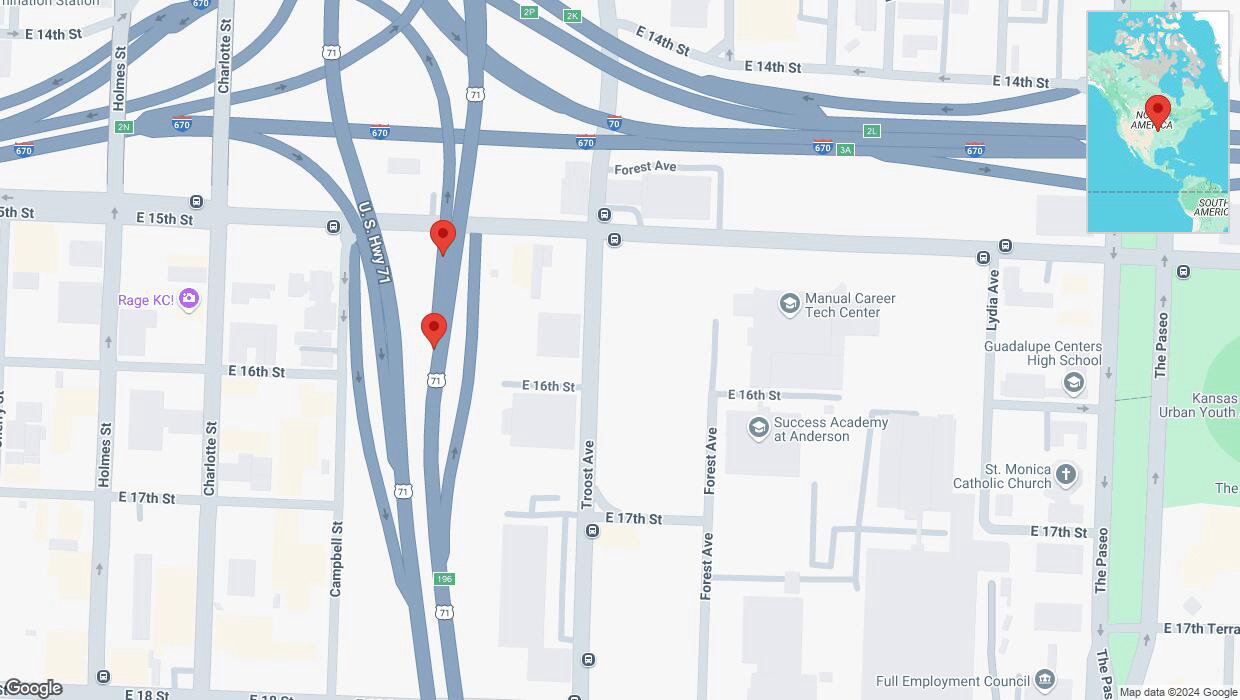 A detailed map that shows the affected road due to 'Warning: Crash on East 16th Street in Kansas City' on December 22nd at 1:18 p.m.