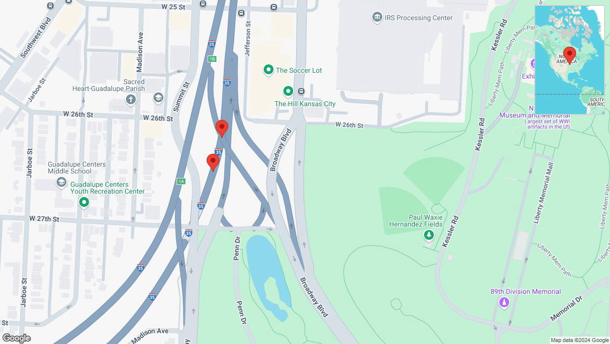 A detailed map that shows the affected road due to 'Warning: Crash on northbound I-35 in Kansas City' on December 22nd at 6:59 p.m.