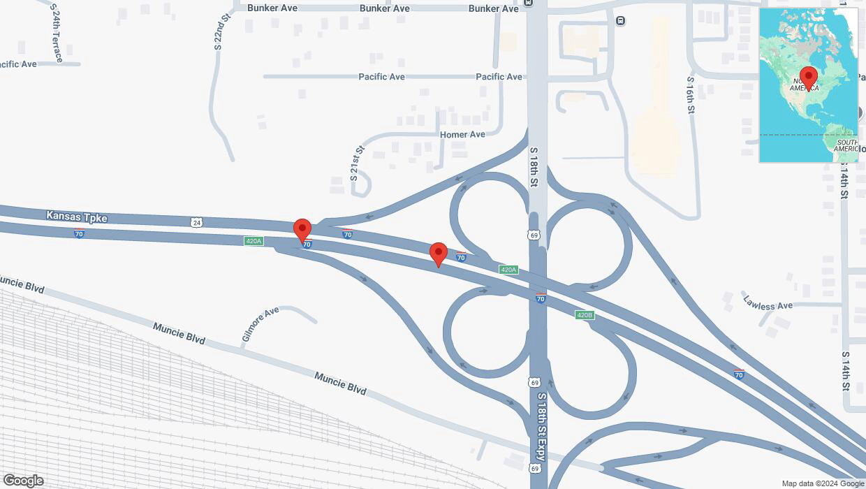 A detailed map that shows the affected road due to 'Broken down vehicle on eastbound I-70 in Kansas City' on December 22nd at 9:56 p.m.