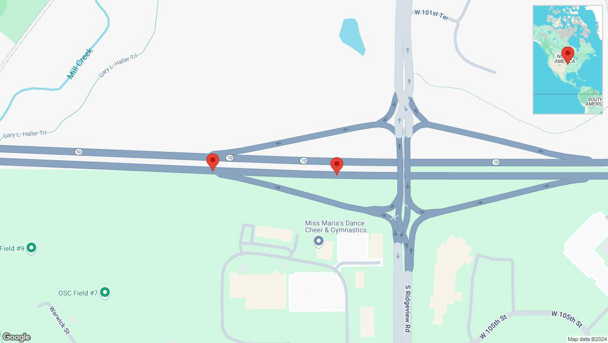 A detailed map that shows the affected road due to 'Warning: Crash on eastbound K-10 in Olathe' on December 23rd at 9:45 a.m.