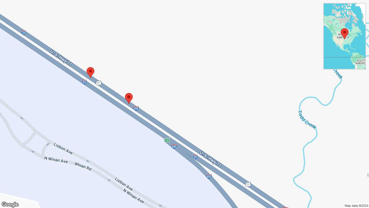A detailed map that shows the affected road due to 'Broken down vehicle on northbound I-435/I-29 in Kansas City' on December 23rd at 2:58 p.m.