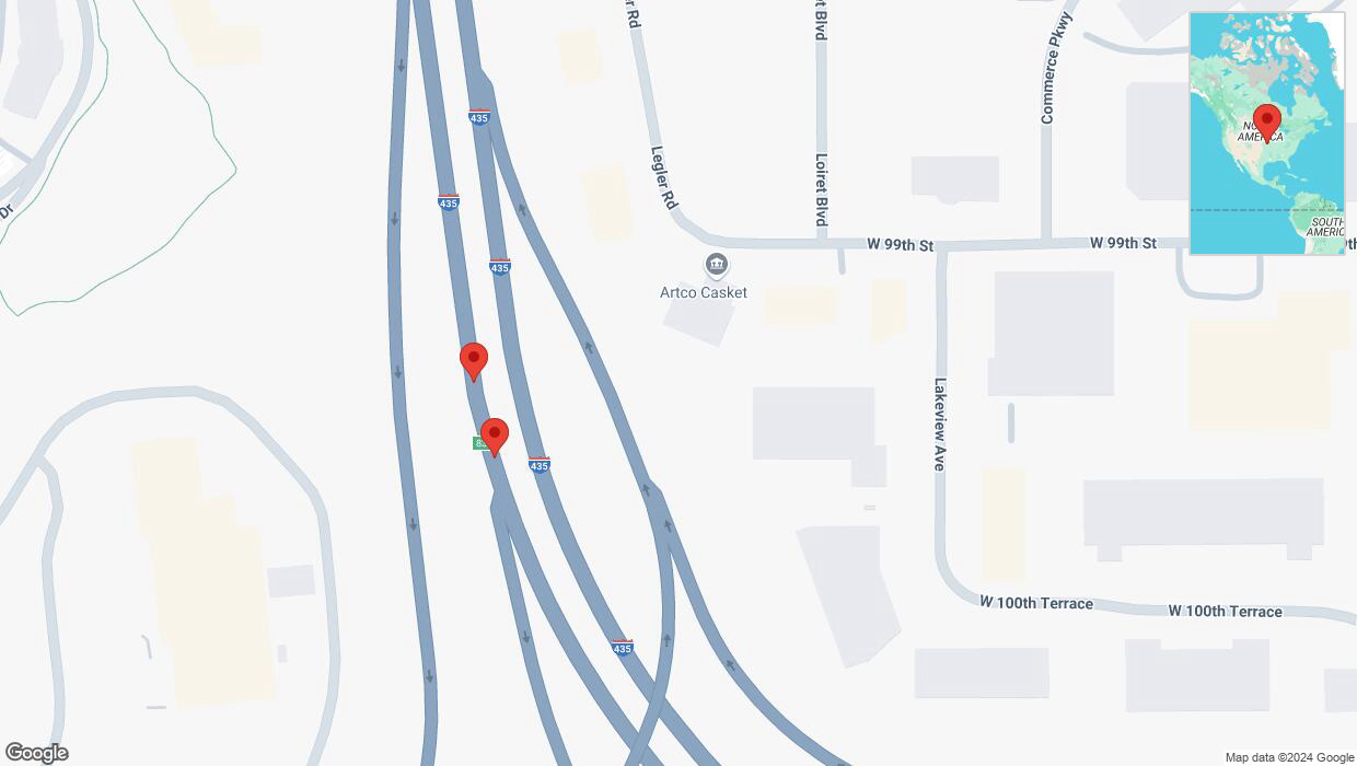 A detailed map that shows the affected road due to 'Broken down vehicle on southbound I-435 in Lenexa' on December 23rd at 2:52 p.m.
