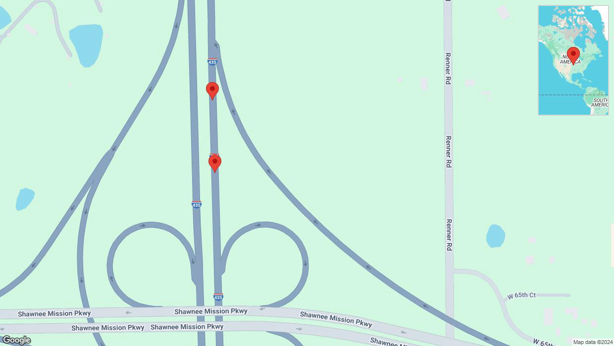 A detailed map that shows the affected road due to 'Broken down vehicle on northbound I-435 in Shawnee' on December 23rd at 3:34 p.m.